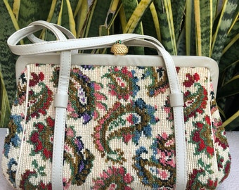 Vintage Floral Embroidery Purse Carpet Bag Handbag Paisley Mary Poppins 60s 70s Red Blue Pink Green Vtg 1960s 1970s