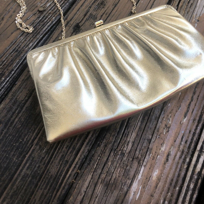 Vintage Gold Lamé Leather Clutch Purse Evening Bag Metallic Lame 70s 80s Vtg Womens 1970s 1980s image 4