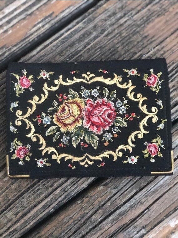 Vtg Black Floral Petit Point Embroidery Needlework
