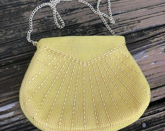 Vtg Yellow Gold Corde Art Deco Bead Purse Evening Bag Handbag 50s 60s Hong Kong Vintage Womens 1950s 1960s