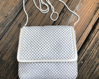 Vintage White Mesh Purse Bag Disco Cross Body Handbag Metal Gold Accents 70s 80s Vtg 1970s 1980s Womens