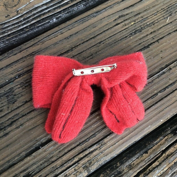 Vintage Red Wool Cashmere Black Sequins Bow Brooc… - image 3