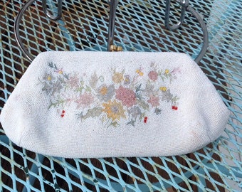 Vtg Michel Swiss Cream Floral Beaded Embroidered Purse Handbag Evening Bag 50s 60s Vintage Pink Blue Green Yellow Floral clutch 1950s 1960s