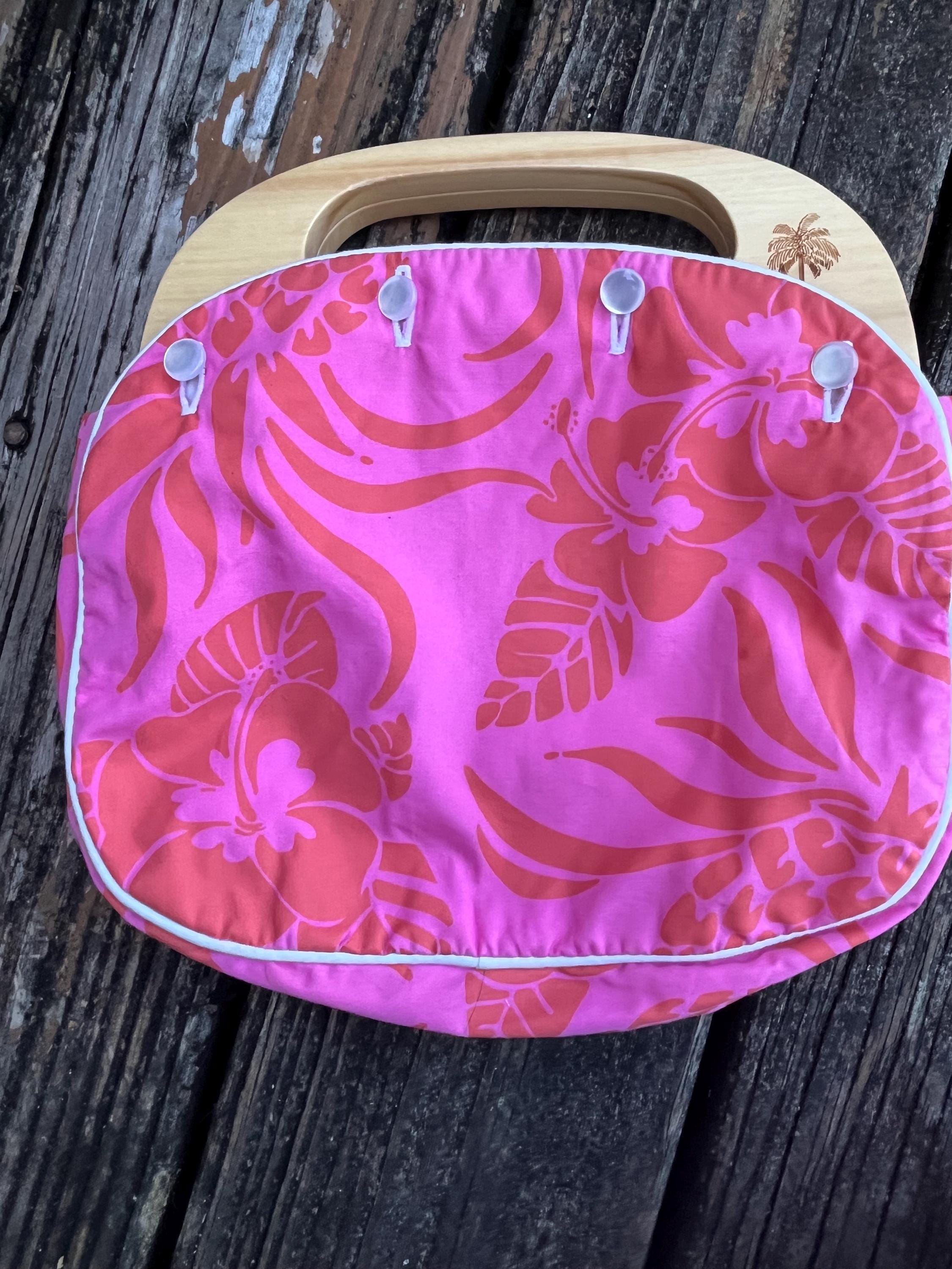 Lilly Pulitzer Bermuda Bag Purse Wood Handle Pink Floral Leaf