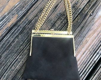Vintage Dark Brown Suede Leather Handbag Evening Purse Bag Clutch Double Clasp Gold Chain 70s 80s Vtg 1970s 1980s Clutch