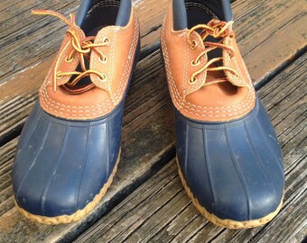 Vtg LL Bean Navy Blue Shoes Duck Boots Sz 8 Womens Rain Rubber Leather Maine USA Vintage