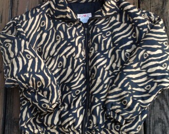 Vtg Stunt Sports Black Tan Tiger King Stripe Satin Bomber Puffy Jacket Sz M Medium 80s 90s Womens Vintage 1980s 1990s Coat