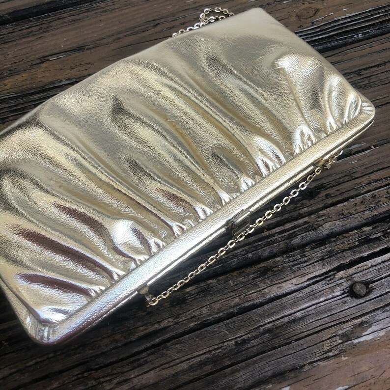 Vintage Gold Lamé Leather Clutch Purse Evening Bag Metallic Lame 70s 80s Vtg Womens 1970s 1980s image 6