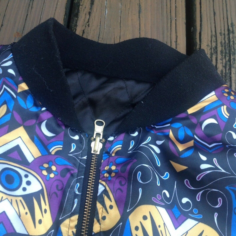 Vintage Satin Bomber Jacket S M Kuccia Revers Eyes Black Zig Zag Floral 80s 90s