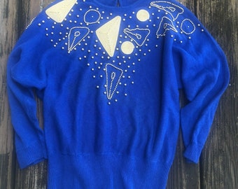 Vtg Royal Blue Sweater Sz L XL Gold Beaded & Rope Embroidery 80s Womens Dolman Sleeve Vintage 1980s Beverly Goldberg