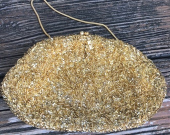 Vintage Gold Beaded Sequin Purse Evening Bag Clutch Handbag Hong Kong 50s 60s Vtg 1950s 1960s. Handmade in Hong Kong.