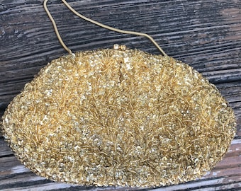 Vintage Gold Beaded Sequin Purse Evening Bag Clutch Handbag Hong Kong 50s 60s Vtg 1950s 1960s. Handmade in Hong Kong.