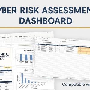 Może przedstawiać: Cyfrowy pulpit nawigacyjny wyświetlający ocenę ryzyka cybernetycznego, z tytułem "CYBER RISK ASSESSMENT DASHBOARD" w kolorze granatowym. Pulpit nawigacyjny zawiera wykresy, wykresy i tabele danych, z tekstem "Compatible with Excel" na dole.