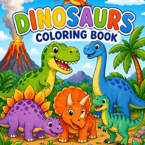 Puede incluir: Portada de un libro para colorear infantil con el título "DINOSAURS COLORING BOOK". Presenta dinosaurios de dibujos animados, incluyendo un T-Rex verde, un Brontosaurio azul, un Triceratops naranja, un Estegosaurio morado y un bebé dinosaurio verde. El texto "ROAR, COLOR, REPEAT!" está en la parte inferior.