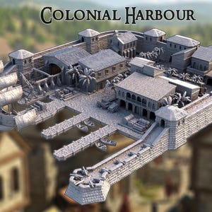 May include: A detailed model of a colonial harbor, featuring buildings, docks, and a sailing ship. The model is predominantly gray with architectural details, including turrets and palm trees. The text "COLONIAL HARBOUR" is displayed at the top.