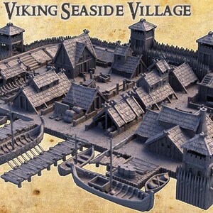 May include: A detailed miniature Viking Seaside Village model. The model features a fortified village with multiple buildings, docks, boats, and watchtowers. The text "Viking Seaside Village" is displayed at the top of the image.