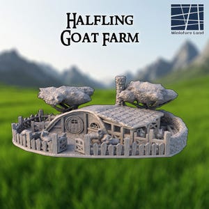 May include: A gray miniature model of a Halfling Goat Farm featuring a small dwelling with a round door, a fenced enclosure, and several goat figures. The structure includes a stone chimney, textured roof tiles, and two trees. Text reads Halfling Goat Farm.