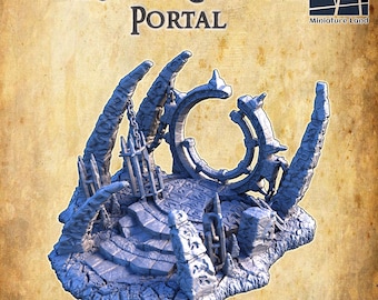 May include: A detailed, gray miniature portal with the text "Ruined Chaos Portal." The portal features a circular archway, stone steps, and jagged, textured rock formations. The Miniature Land logo is in the upper right corner.