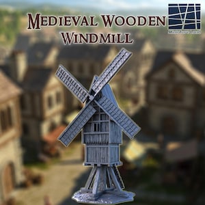 May include: A miniature wooden windmill with four blades, weathered gray in color, stands against a blurred backdrop of a medieval village. The text "Medieval Wooden Windmill" is displayed above the model. The windmill is a detailed model.