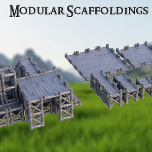 May include: Modular scaffoldings in a gray color, with wooden planks and support structures. The image shows two sets of scaffolding, one assembled and the other in separate pieces. The text "Modular Scaffoldings" is at the top.