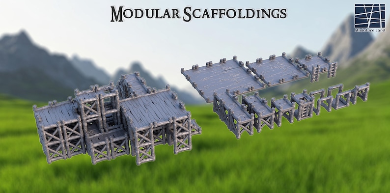 May include: Modular scaffoldings in a gray color, with wooden planks and support structures. The image shows two sets of scaffolding, one assembled and the other in separate pieces. The text "Modular Scaffoldings" is at the top.