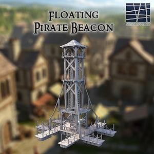 May include: A gray miniature floating pirate beacon tower featuring a multi-level wooden structure with a peaked roof, vertical support beams, and a surrounding platform base with rope railings. The text Floating Pirate Beacon is visible.