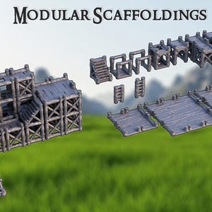 May include: Modular scaffoldings in various configurations, made of gray wood. The set includes platforms, ladders, and interconnected structures. The text "MODULAR SCAFFOLDINGS" is displayed at the top. The background features a green field and mountains.