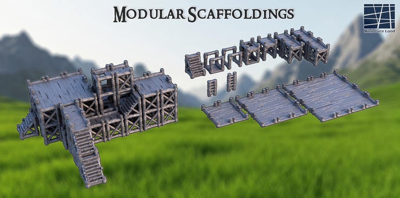May include: Modular scaffoldings in various configurations, made of gray wood. The set includes platforms, ladders, and interconnected structures. The text "MODULAR SCAFFOLDINGS" is displayed at the top. The background features a green field and mountains.