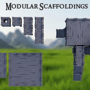 May include: Modular scaffoldings in various shapes and sizes, made of gray wood. The image includes platforms, stairs, and connecting pieces, ideal for miniature gaming or model building. The text "MODULAR SCAFFOLDINGS" is at the top.