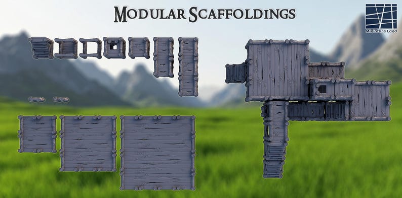May include: Modular scaffoldings in various shapes and sizes, made of gray wood. The image includes platforms, stairs, and connecting pieces, ideal for miniature gaming or model building. The text "MODULAR SCAFFOLDINGS" is at the top.