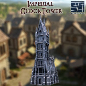 May include: A detailed miniature Imperial Clock Tower, gray in color, with a clock face and architectural details. The tower is set against a blurred background of buildings. The text "IMPERIAL CLOCK TOWER" is displayed at the top.