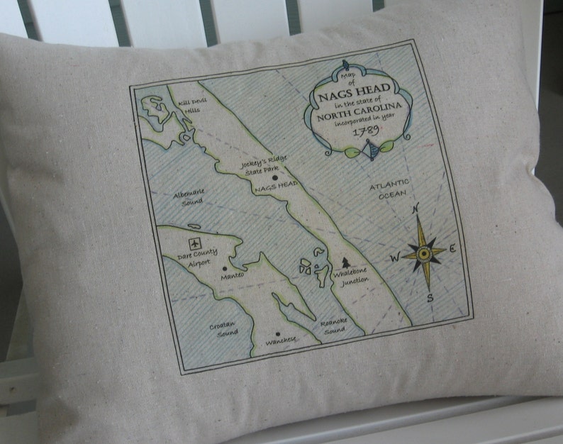 Large Nags Head North Carolina Vintage Map Pillow Blue Etsy