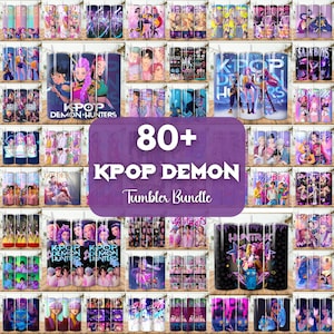 May include: A collection of over 80 KPOP Demon tumblers, each with unique designs featuring anime-style characters and text. The tumblers showcase vibrant colors and various KPOP-themed graphics, perfect for fans.