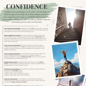 May include: A poster with the word "CONFIDENCE" and text about building self-assurance through action and mindset practices. The poster features images of a person on stairs, a mountain, and a tightrope walker. The text is in black.