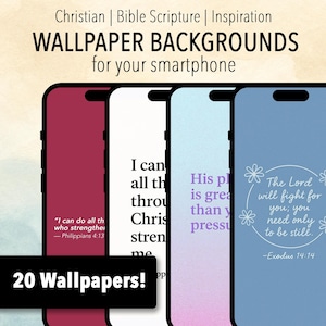 May include: A promotional image showcasing smartphone wallpaper backgrounds with Christian Bible scripture quotes. The image displays four smartphones with different colored screens and inspirational text. The text "20 Wallpapers!" is also visible.