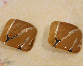 Square Golden with Goldenrod Enamel Earrings-  Pierced