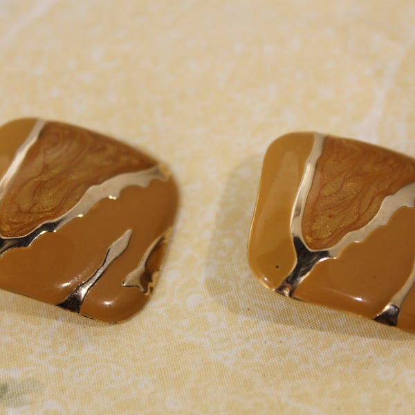 Square Golden with Goldenrod Enamel Earrings-  Pierced