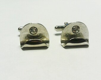 Vintage Silver Tone Cuff Links with Clear Crystal Stone