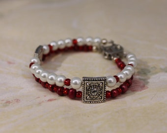 Red and White Pearl Two Strand Bead Bracelet With Silver and Rhinestone / Crystal