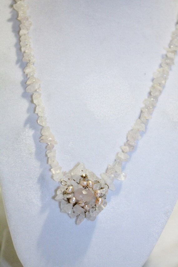 Very Pretty Pink Stone Bead Necklace With Beaded … - image 2