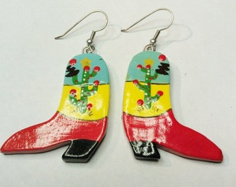 Fun Painted Wood Mexican Boot Dangle Earrings - Pierced