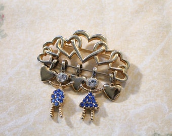 Golden Open Hearts With Dangle Hearts and Boy & Girl Pin / Brooch