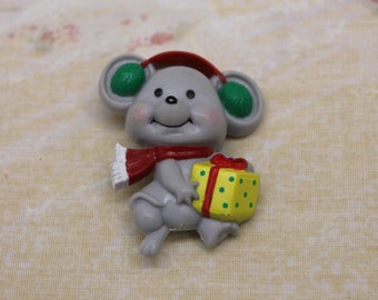 Cute RUSS Christmas Mouse with Present Pin / Brooch