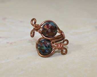 Copper Wire Ring With Colorful Beads - Adjustable