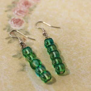 Pretty Square Green Glass Beaded Dangle Earrings - Pierced