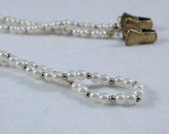 Long Faux Pearl And Gold Bead Necklace / Sweater Guard