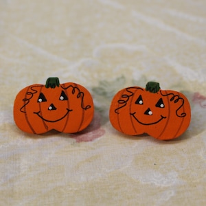 Cute Halloween Painted Wood Smiling Jack O Lantern Pumpkin Earrings - Pierced