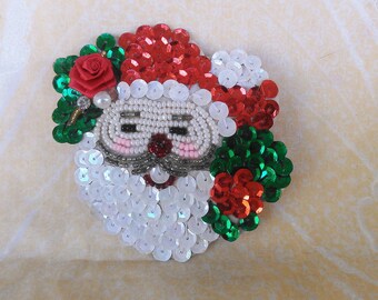 Very Cute Handmade Santa Pin With Beads and Sequins