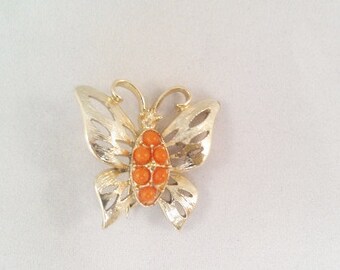 Vintage Gold Tone and Orange Bead Butterfly Pin / Brooch