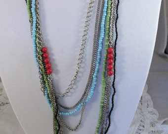 Long Multi Strand Silver And Colorful Bead Chain Necklace